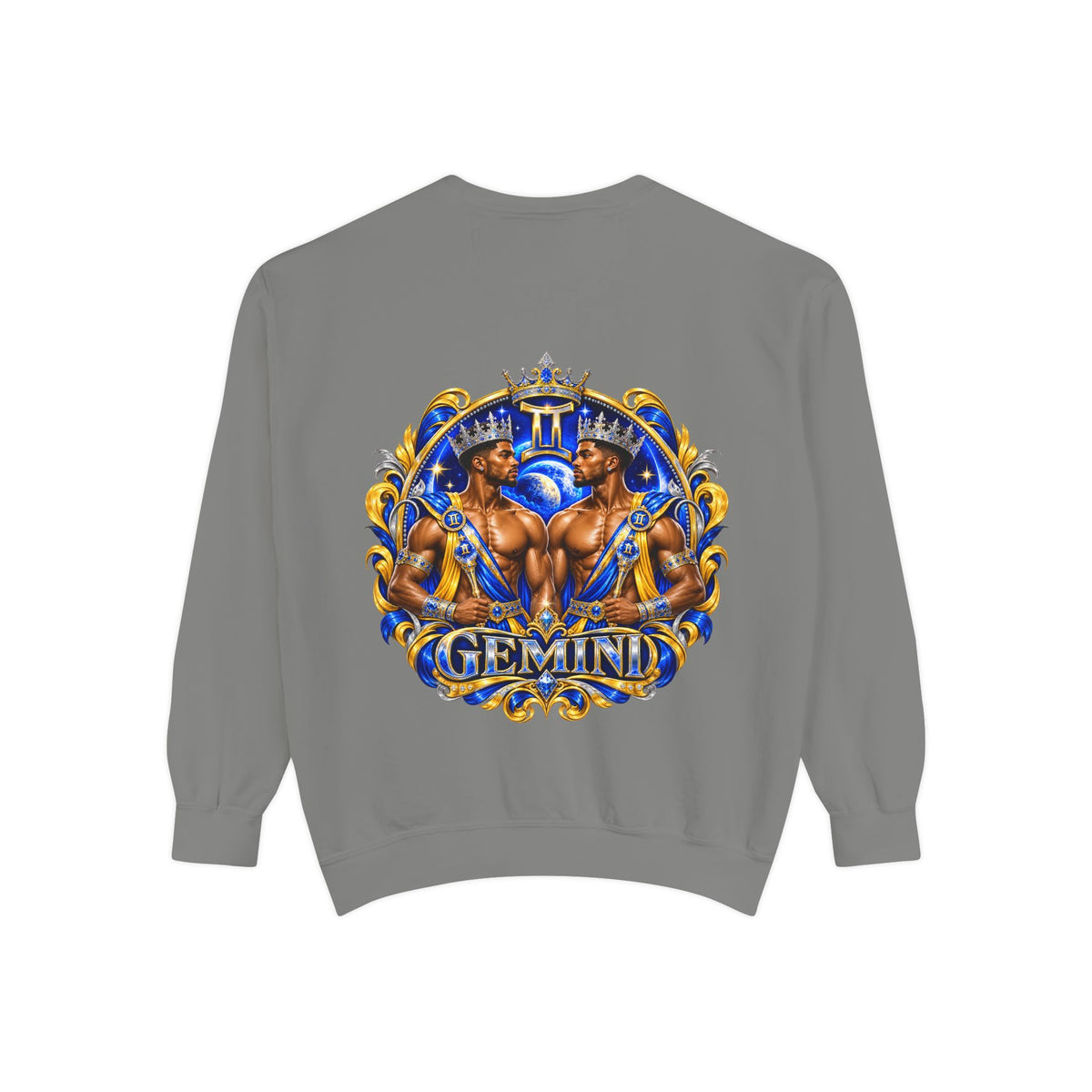 Gemini Zodiac Sweatshirt — Royal Blue & Gold Twin Symbol Crewneck