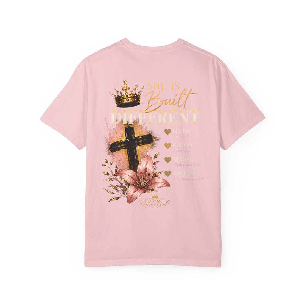 Built Right T-Shirt — Christian Faith Floral Cross Tee (She Is Built Different)