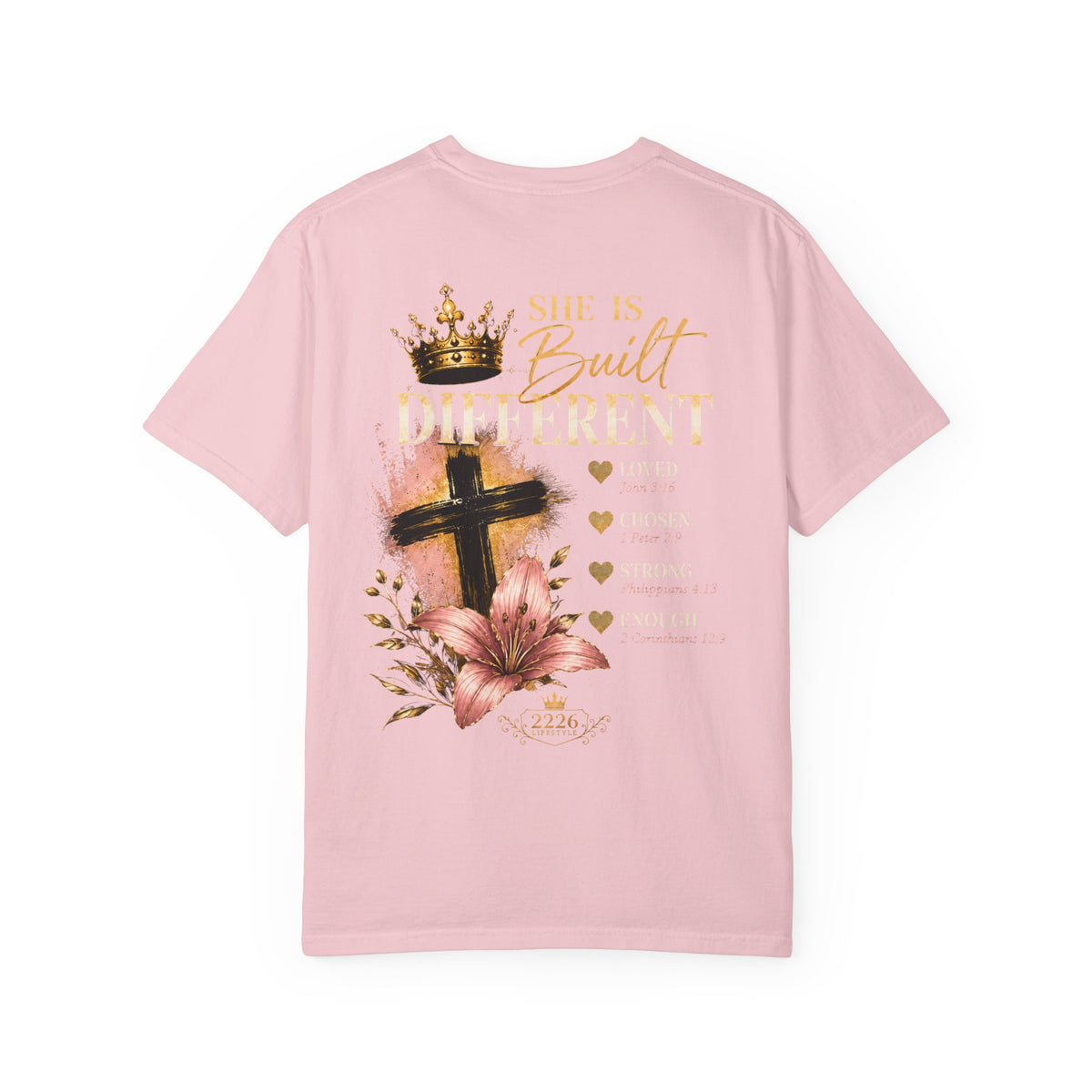 Built Right T-Shirt — Christian Faith Floral Cross Tee (She Is Built Different)