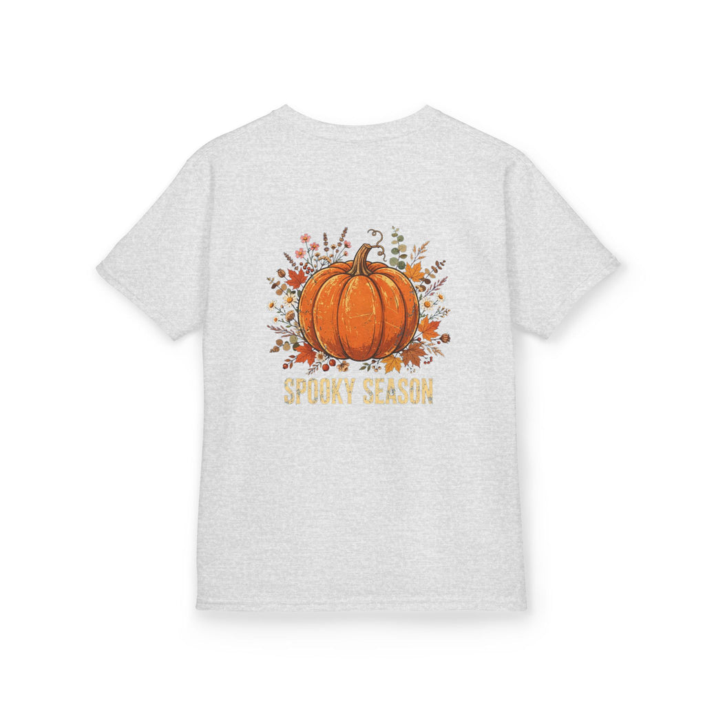 Kids Halloween Tee — Cute Ghost Holding Pumpkin "Spooky Season"