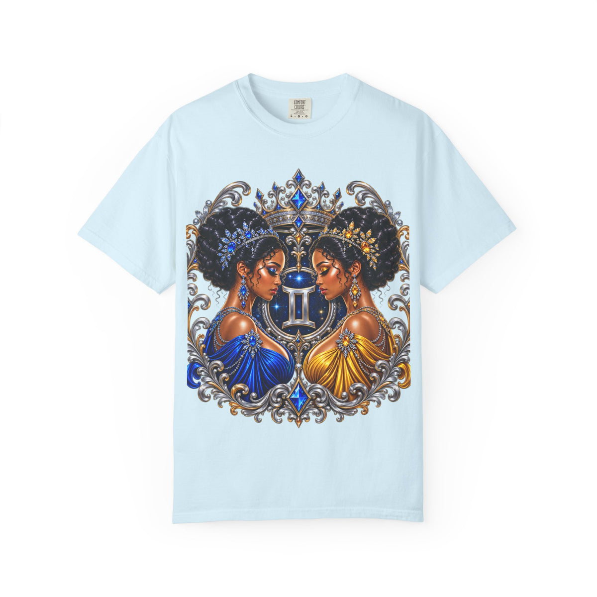 Gemini Zodiac Twin Queens T-Shirt — Elegant Blue & Gold Astrology Tee