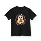 Kids Halloween Tee — Cute Ghost Holding Pumpkin "Spooky Season"