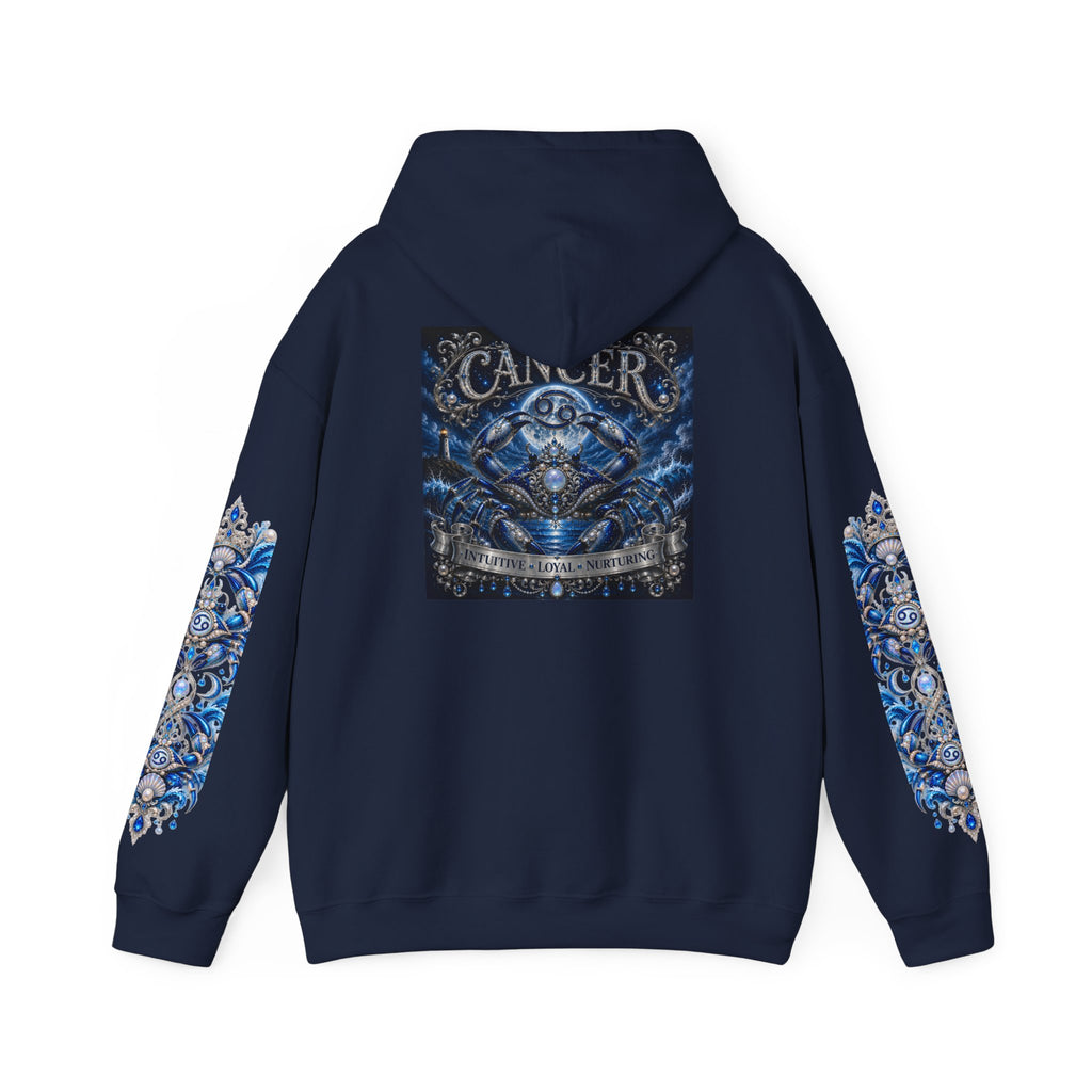 Cancer Zodiac Hoodie — Blue Crab Astrology Sweatshirt with Sleeve Art