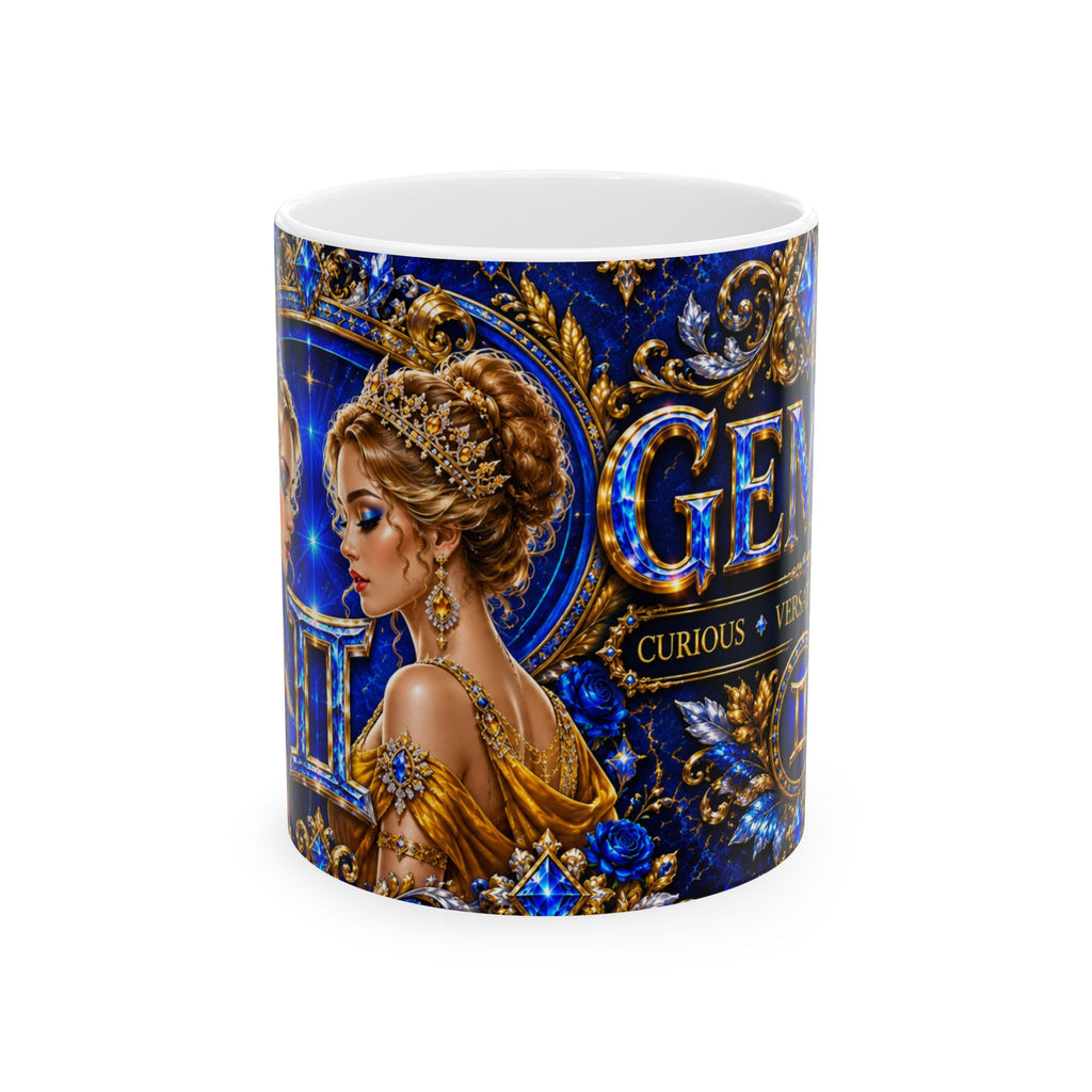Zodiac Gemini Ceramic Coffee Mug – Elegant Blue & Gold Astrology Design (11oz, 15oz)