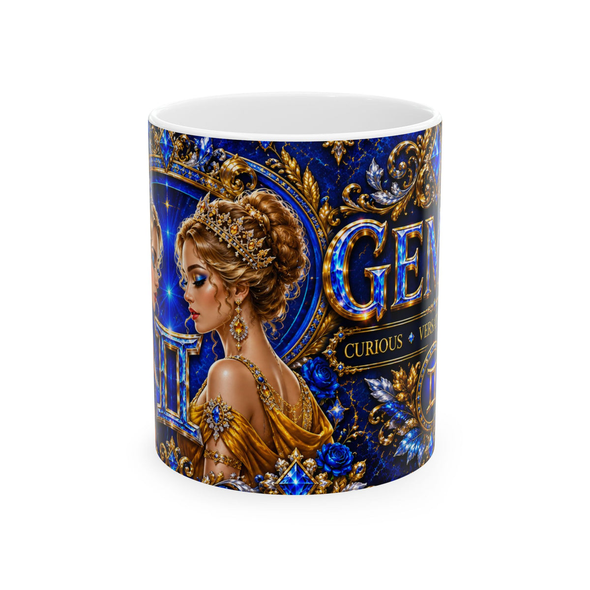 Zodiac Gemini Ceramic Coffee Mug – Elegant Blue & Gold Astrology Design (11oz, 15oz)