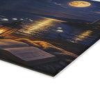 Glass Cutting Board — Serene Lighthouse Night with Cross & Water Lilies