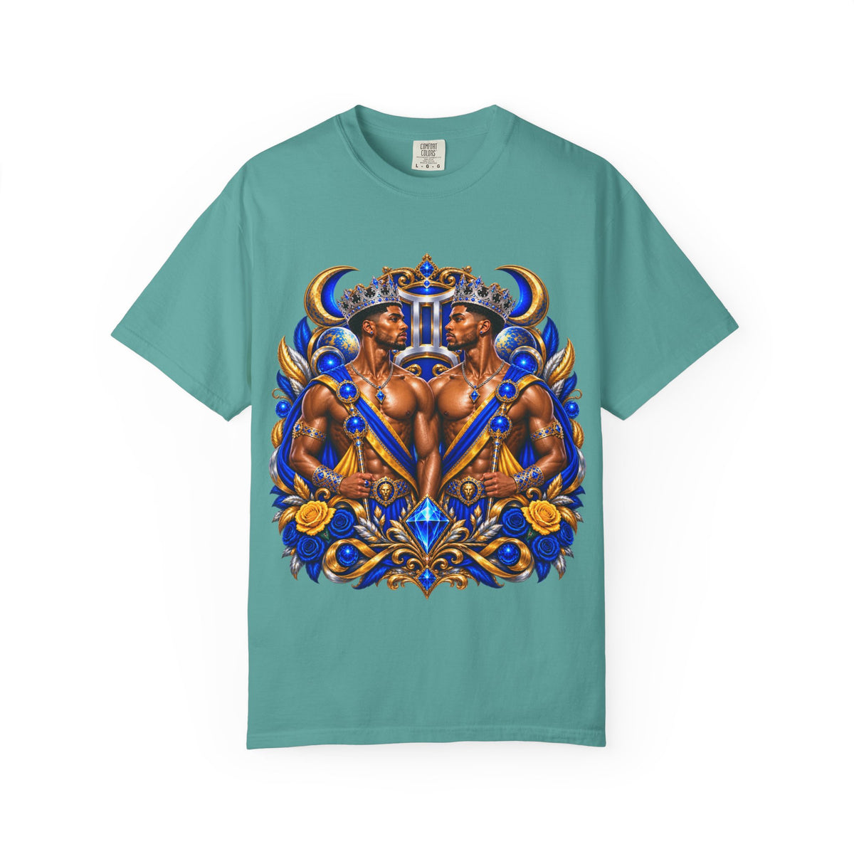 Gemini Zodiac T-Shirt — Bold Blue & Gold Twin Portrait Tee