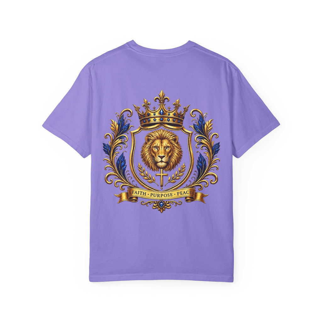 Lion Crest T-Shirt — Regal Crowned Lion with "Faith • Purpose • Peace" Back Graphic