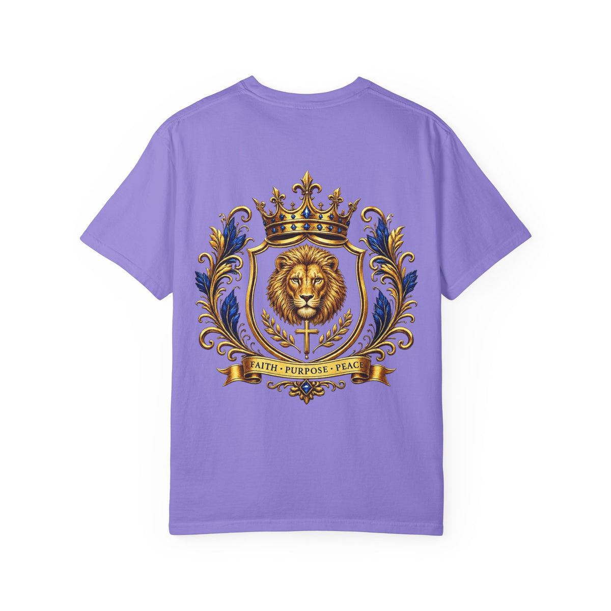 Lion Crest T-Shirt — Regal Crowned Lion with "Faith • Purpose • Peace" Back Graphic