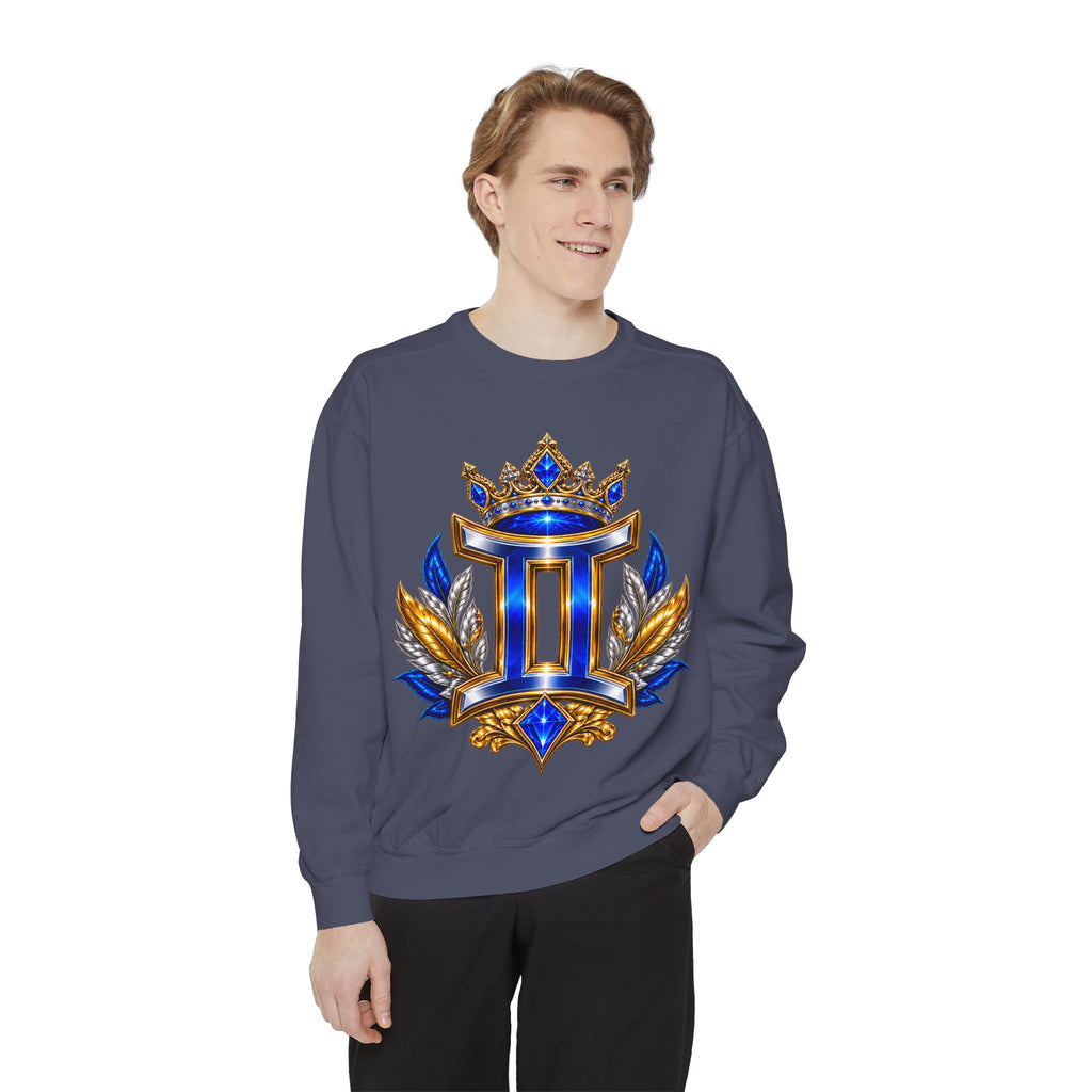 Gemini Zodiac Sweatshirt — Royal Blue & Gold Twin Symbol Crewneck