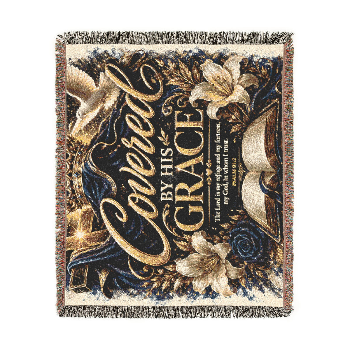 Covered by His Grace Woven Blanket — Inspirational Christian Throw with Floral Bible Design