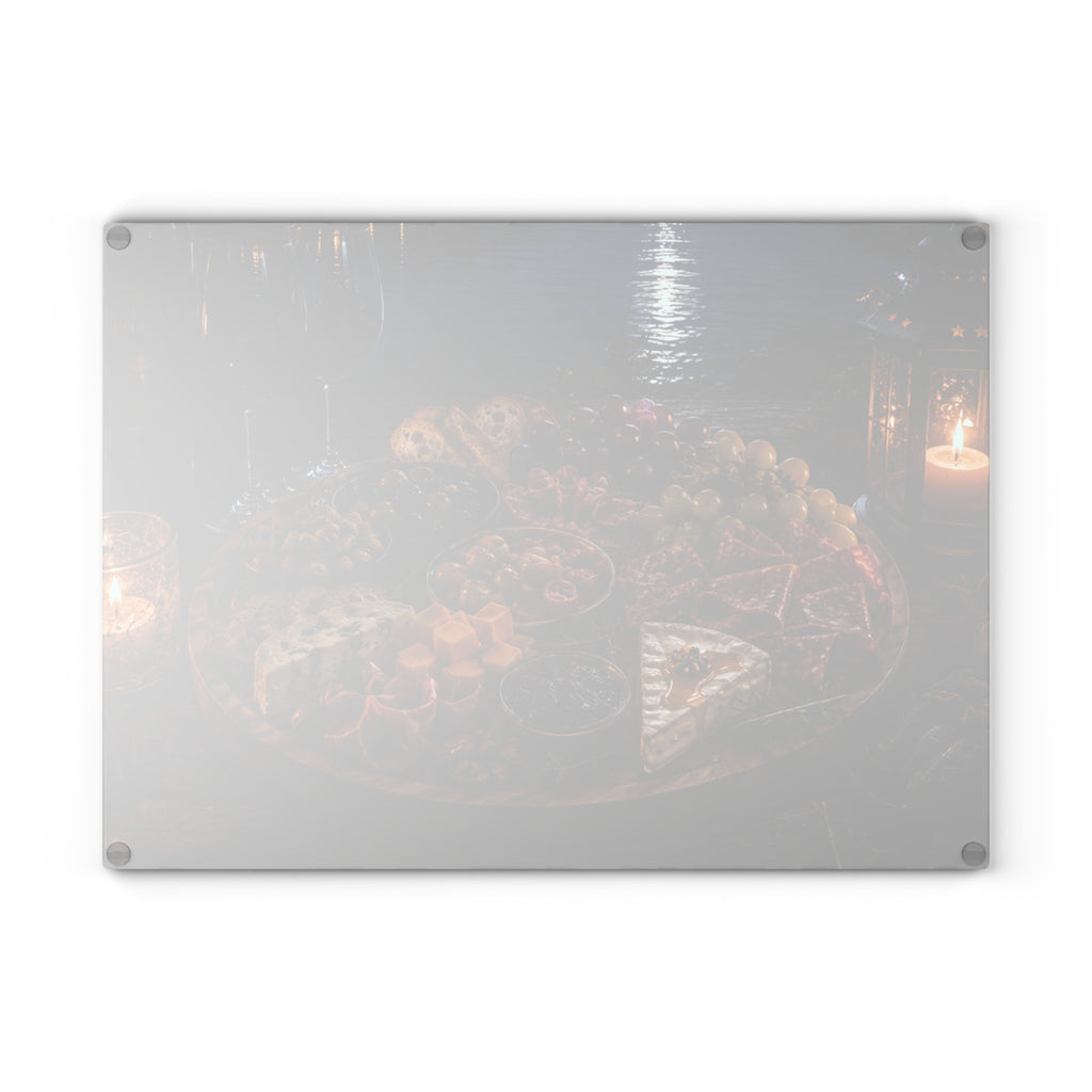 Charcuterie Night Glass Cutting Board — Rustic Candlelit Cheese & Wine Serving Board