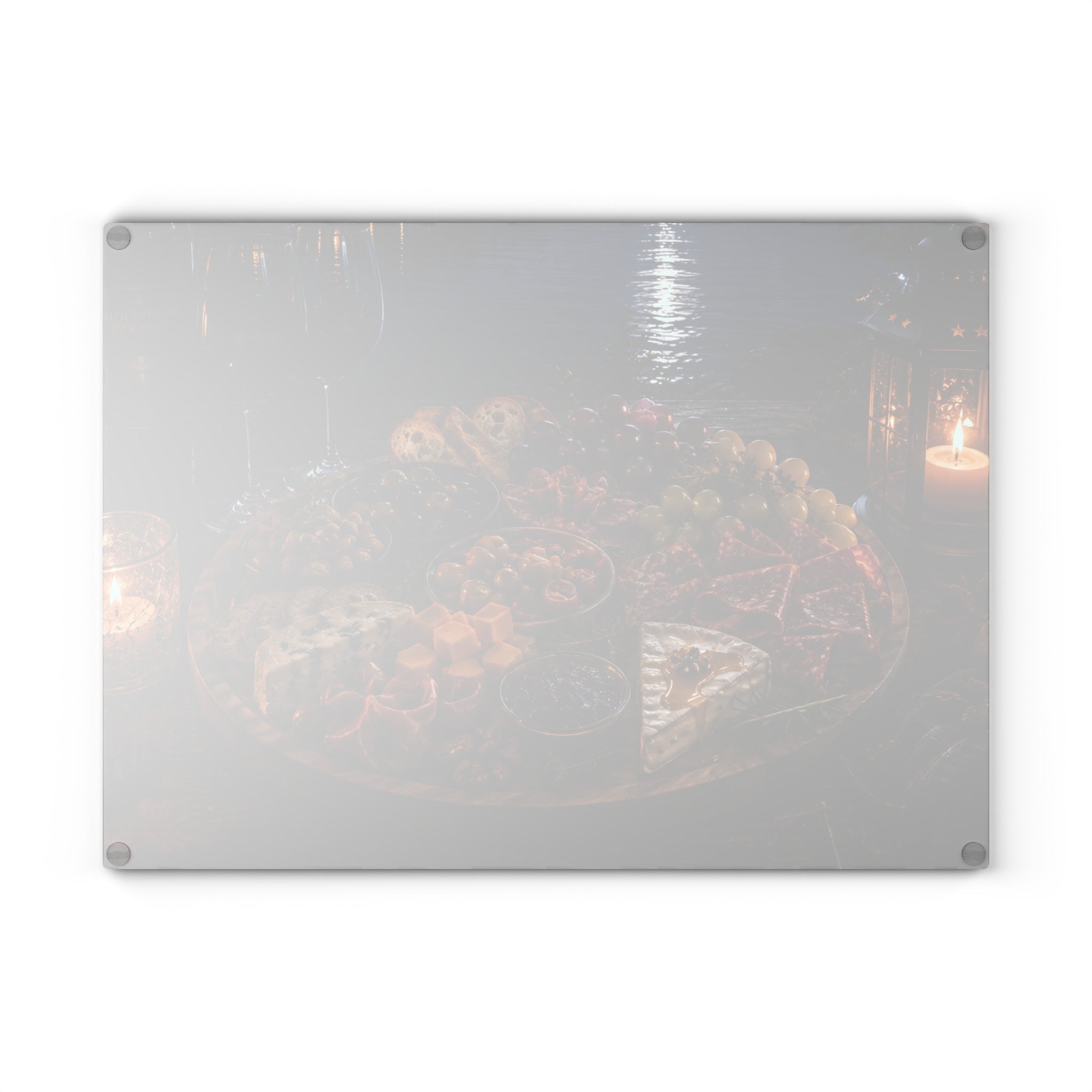 Charcuterie Night Glass Cutting Board — Rustic Candlelit Cheese & Wine Serving Board