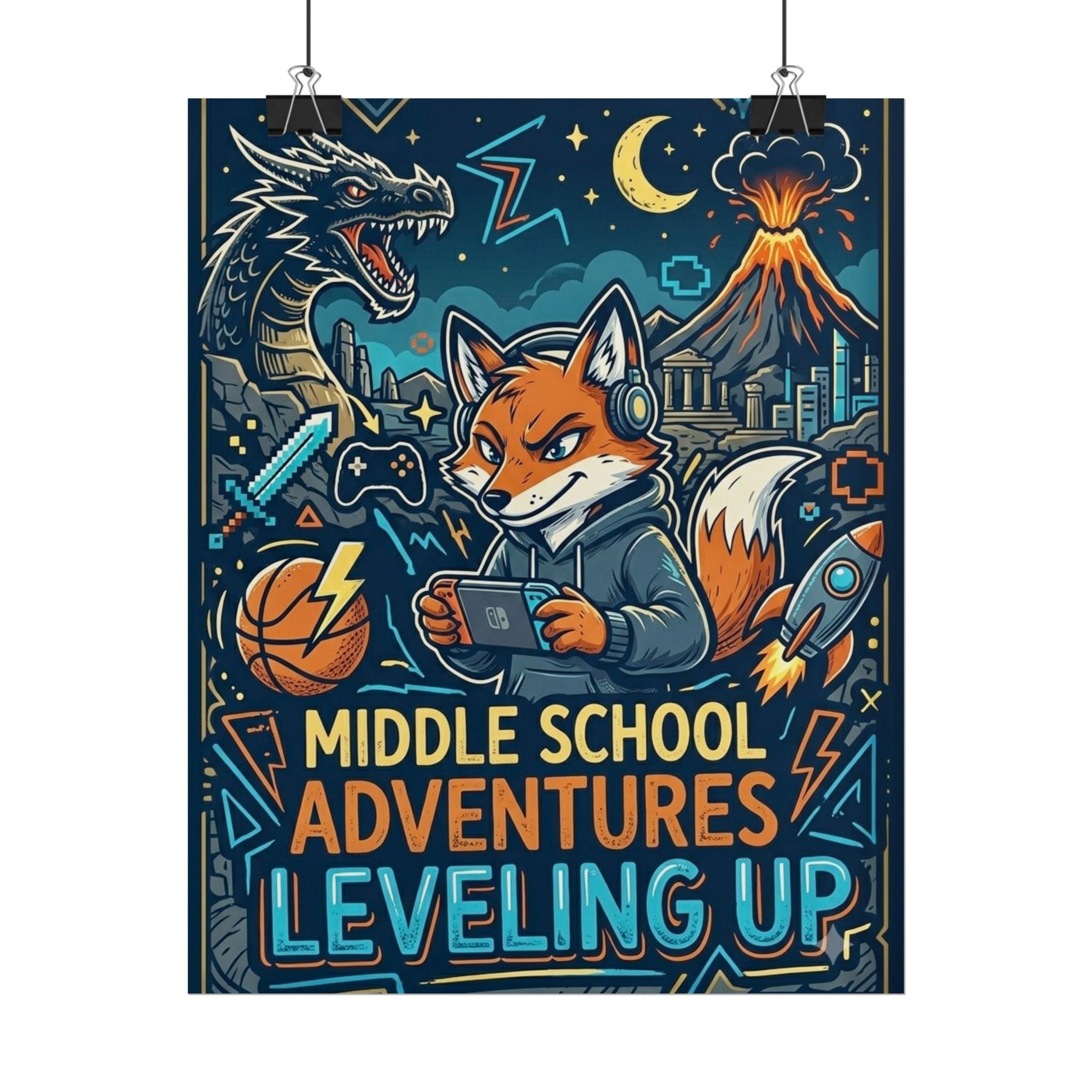 Middle School Adventures Leveling Up Poster — Gaming Fox Rolled Wall Art