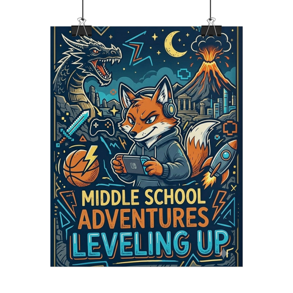 Middle School Adventures Leveling Up Poster — Gaming Fox Rolled Wall Art