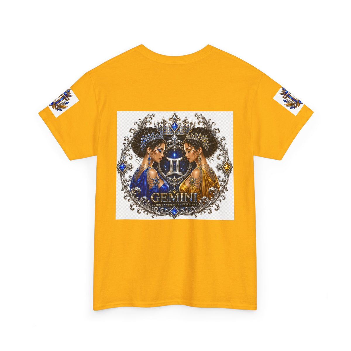 Gemini Zodiac Tee — Twin Sisters Astrology T‑Shirt (Blue & Gold)