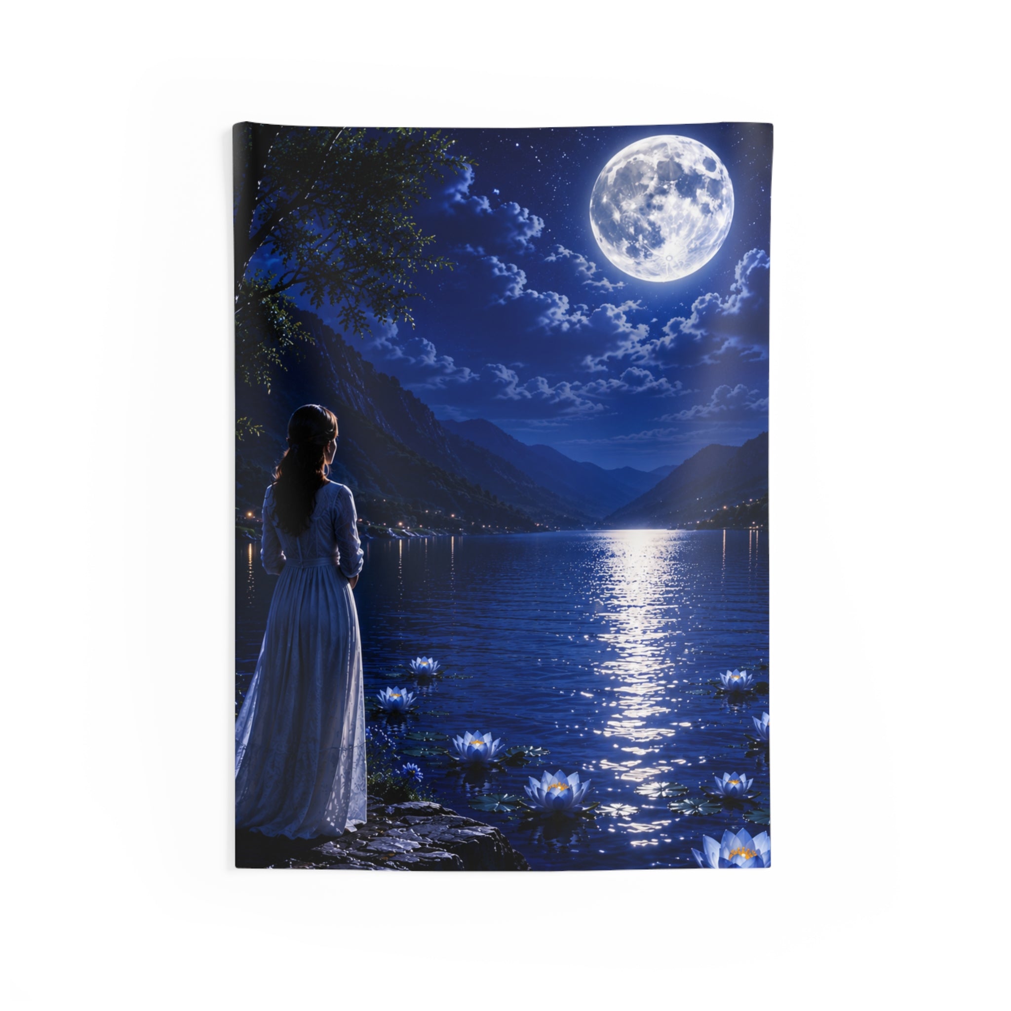 Moonlit Lake Tapestry — Woman Gazing at Full Moon Over Serene Water