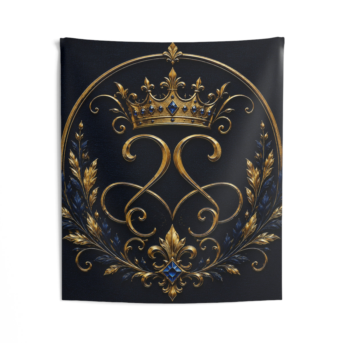 Regal Crown Emblem Tapestry — Gold & Sapphire Royal Wall Hanging