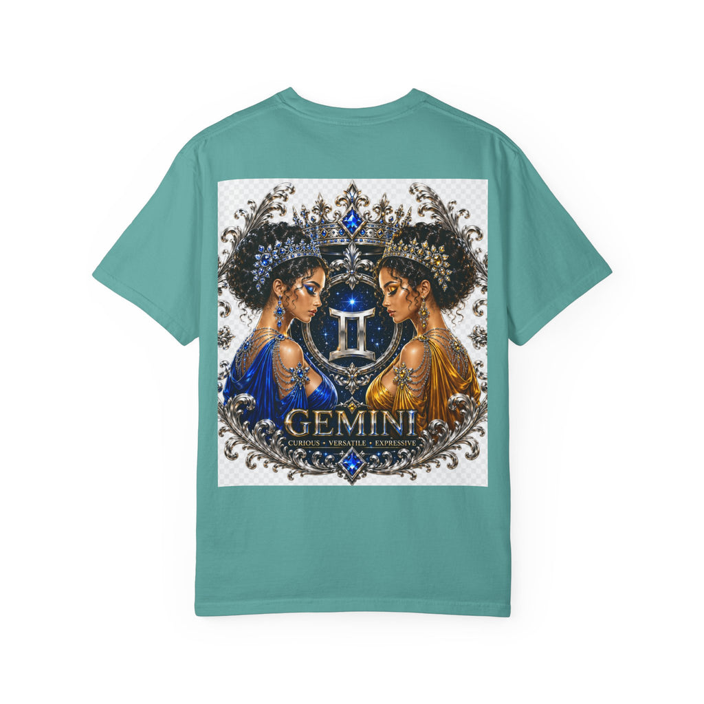 Gemini Zodiac Twin Queens T-Shirt — Elegant Blue & Gold Astrology Tee