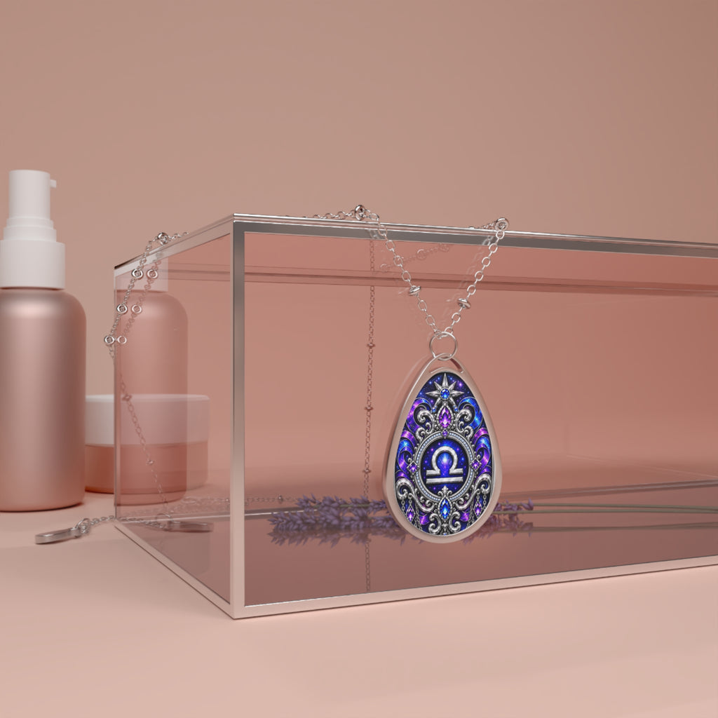 Libra Zodiac Oval Necklace — Purple Enamel Astrology Pendant