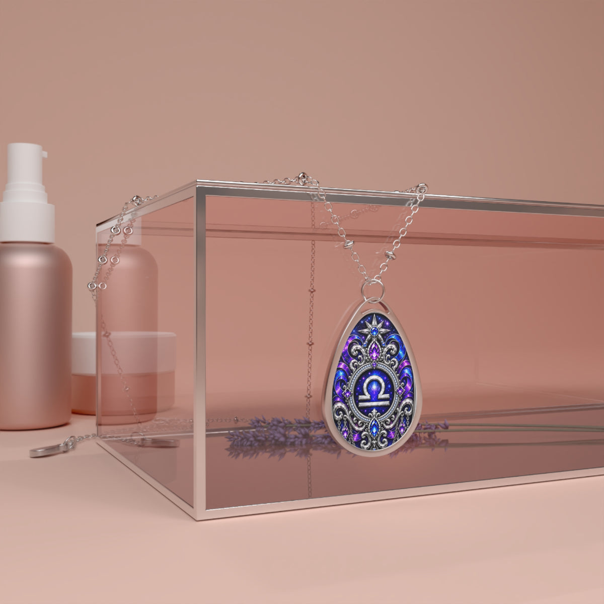 Libra Zodiac Oval Necklace — Purple Enamel Astrology Pendant