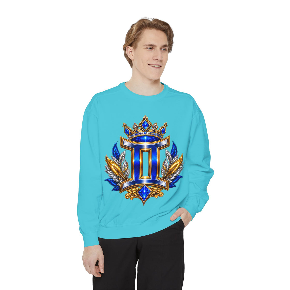 Gemini Zodiac Sweatshirt — Royal Blue & Gold Twin Symbol Crewneck