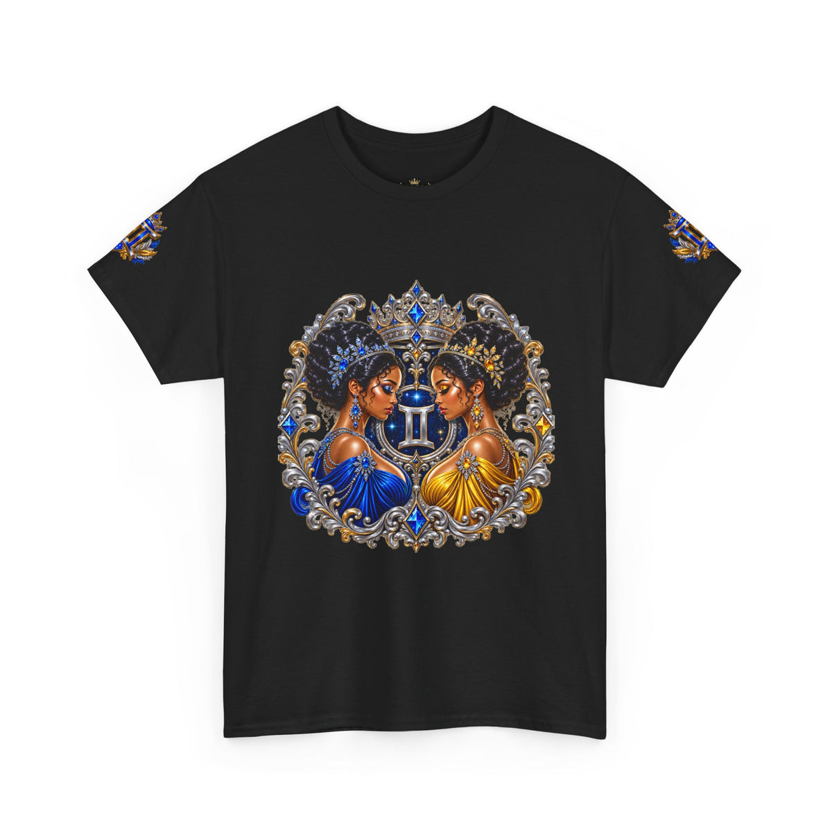 Gemini Zodiac Tee — Twin Sisters Astrology T‑Shirt (Blue & Gold)