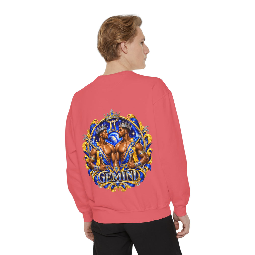 Gemini Zodiac Sweatshirt — Royal Blue & Gold Twin Symbol Crewneck