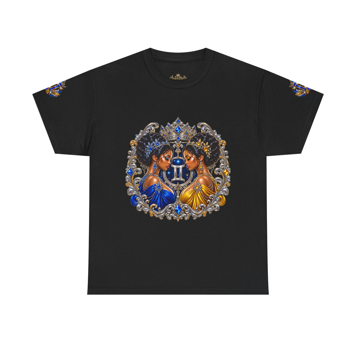 Gemini Zodiac Tee — Twin Sisters Astrology T‑Shirt (Blue & Gold)