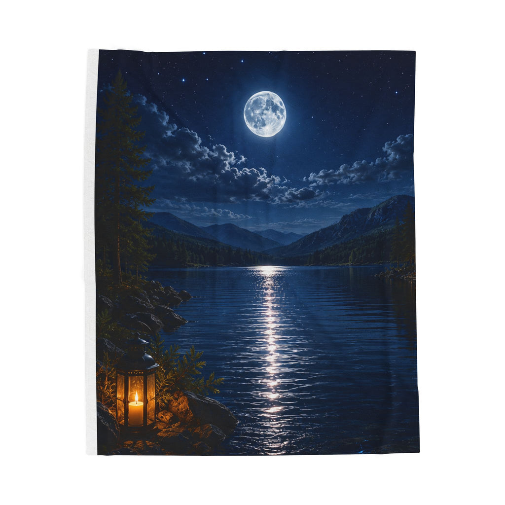 Moonlit Lake Velveteen Plush Blanket — Cozy Nightscape Throw for Camping, Cabin & Home