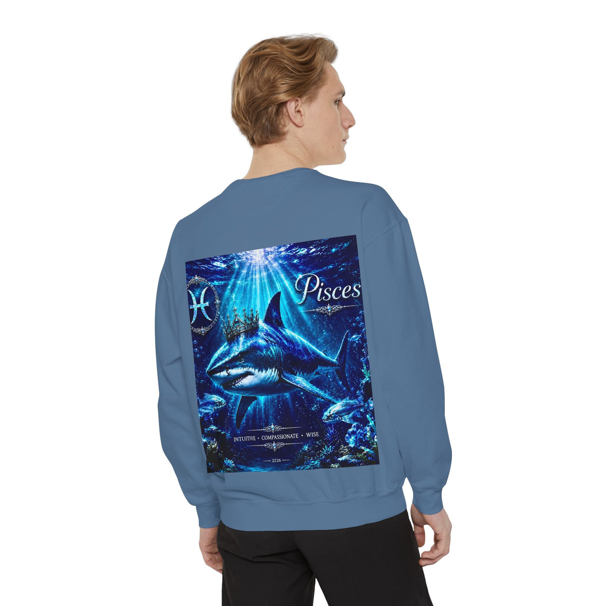 Pisces Zodiac Sweatshirt — Cosmic Blue Pisces Shark Astrological Crewneck