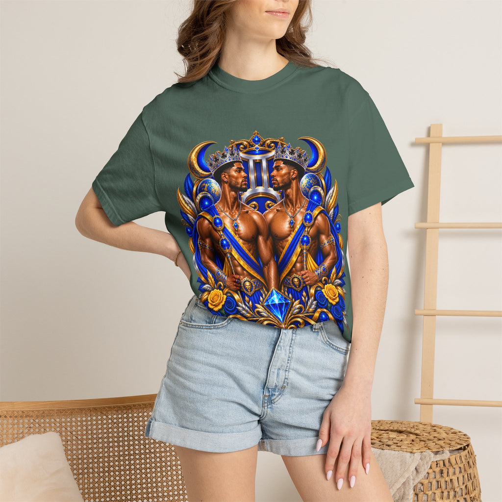 Gemini Zodiac T-Shirt — Bold Blue & Gold Twin Portrait Tee