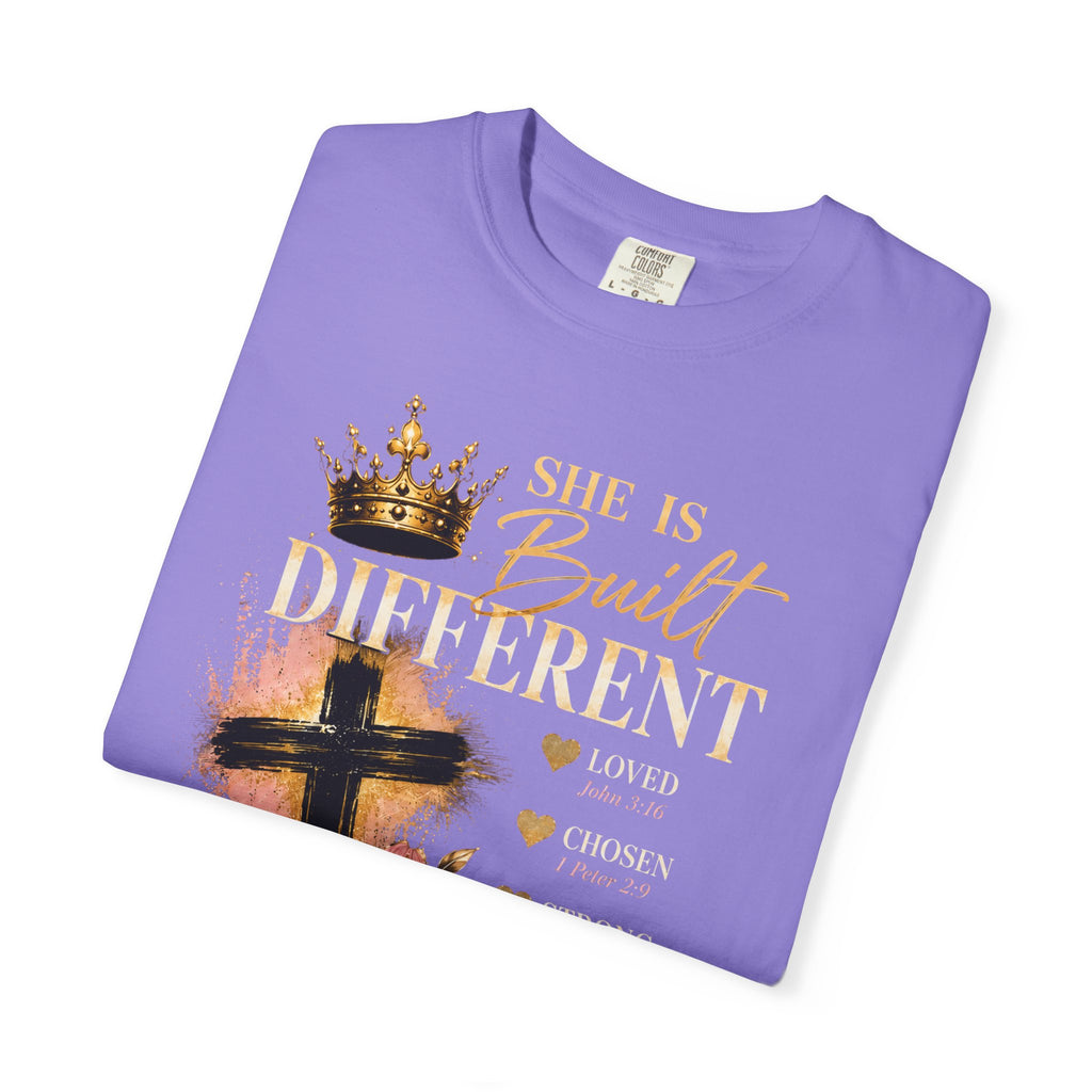She Is Built Different Christian T-Shirt — Cross, Crown & Lily Faith Tee