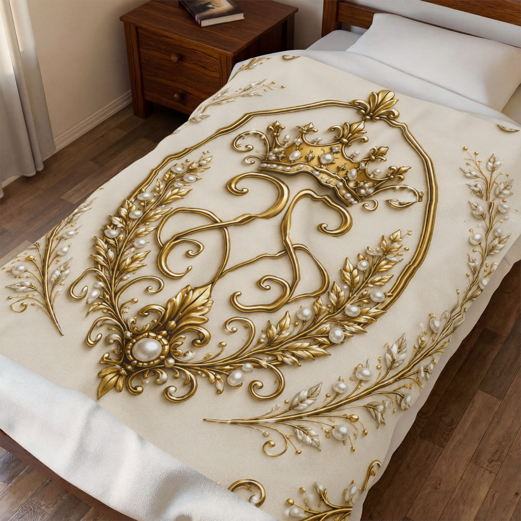 Royal Gold Crown Velveteen Plush Blanket — Ornate Baroque Throw for Luxurious Home Decor