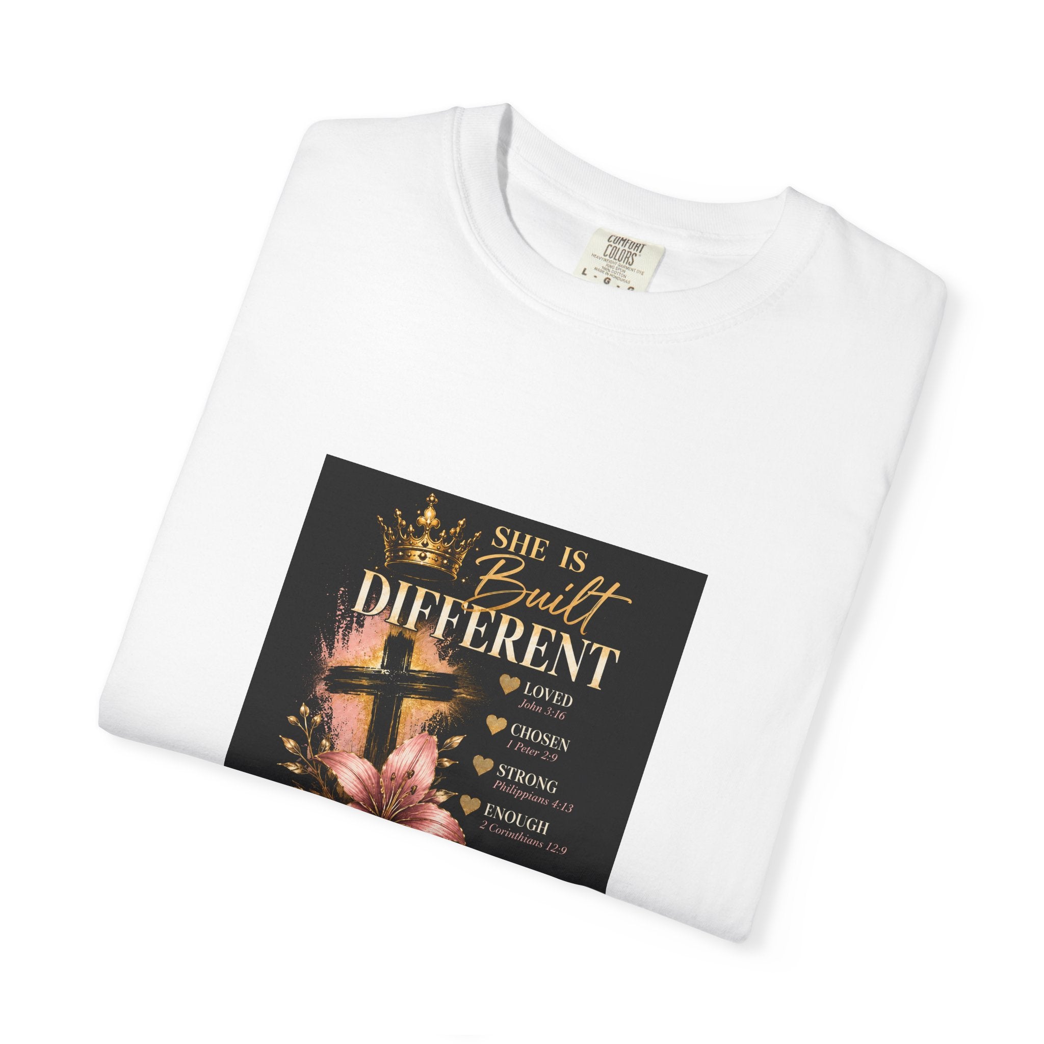 Inspirational Faith T-Shirt — "She Is Beautifully Different" Floral Cross Graphic