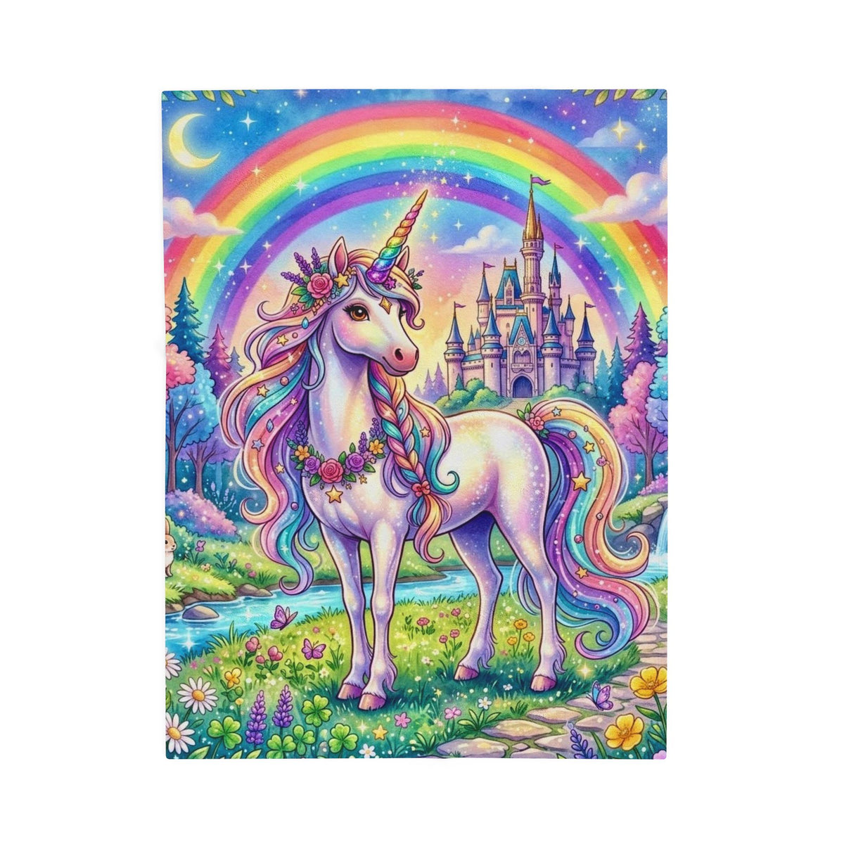 Unicorn Rainbow Velveteen Plush Blanket — Magical Castle Fantasy Throw for Kids