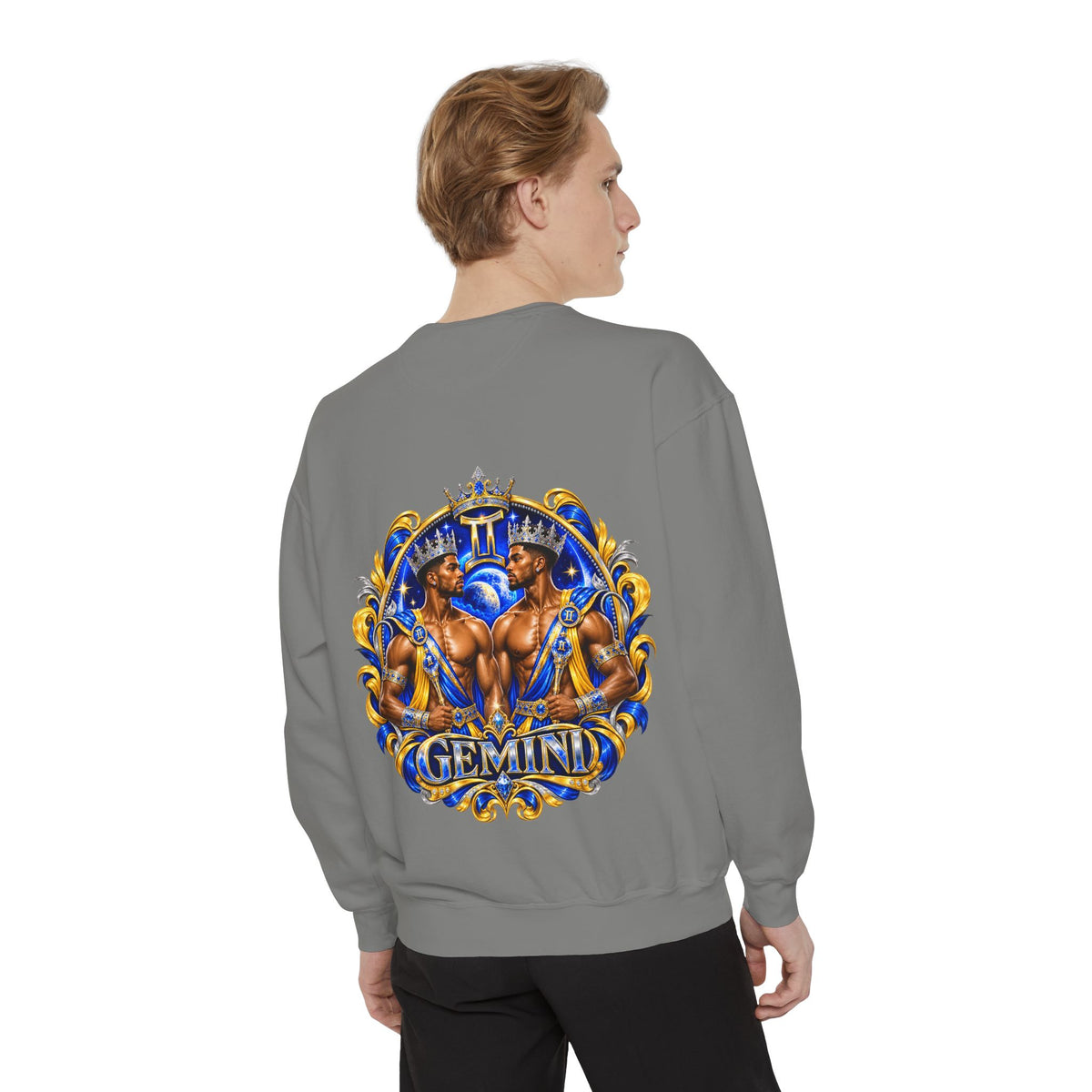 Gemini Zodiac Sweatshirt — Royal Blue & Gold Twin Symbol Crewneck