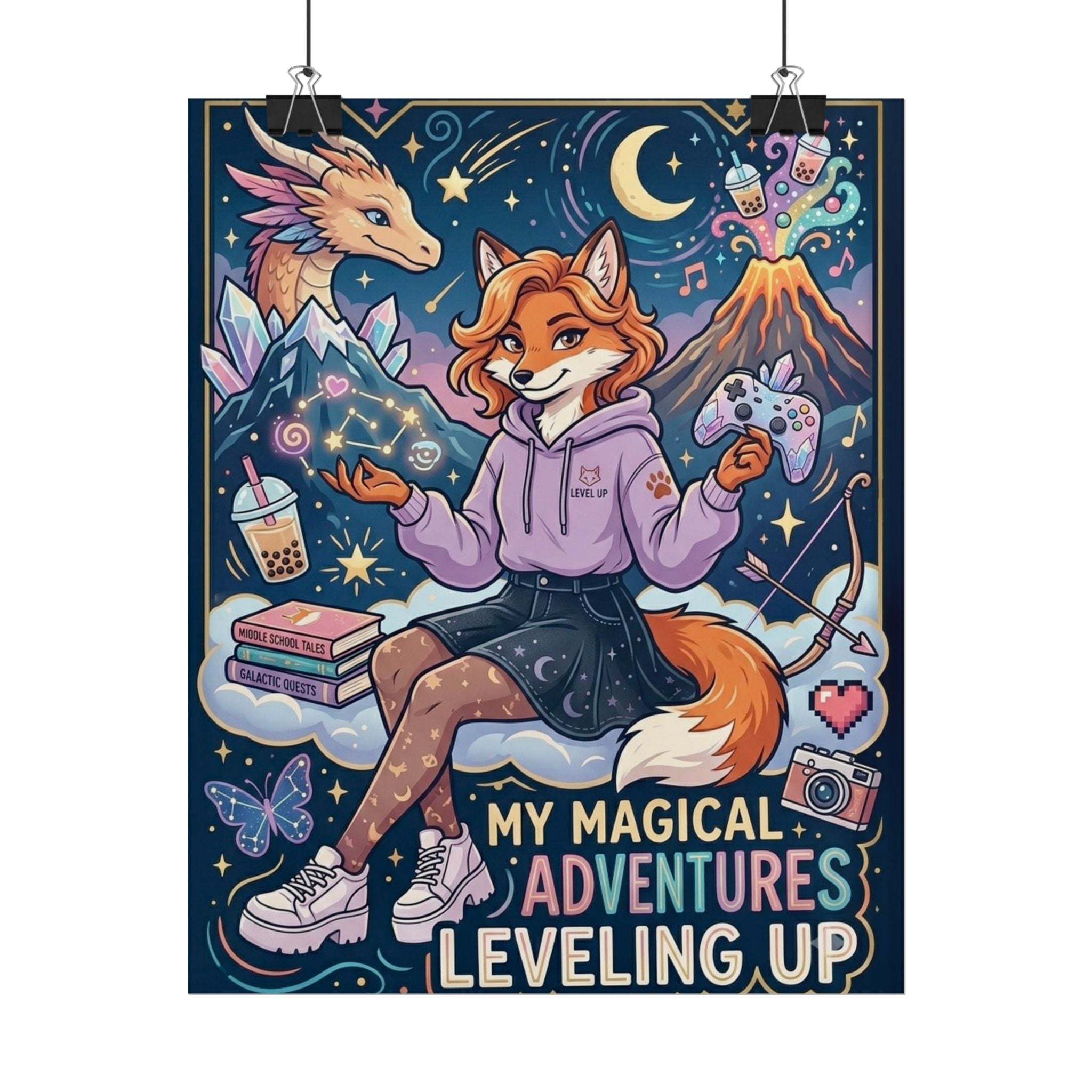 Rolled Poster — "My Magical Adventures: Leveling Up" Cute Fantasy Fox Gaming Art Print