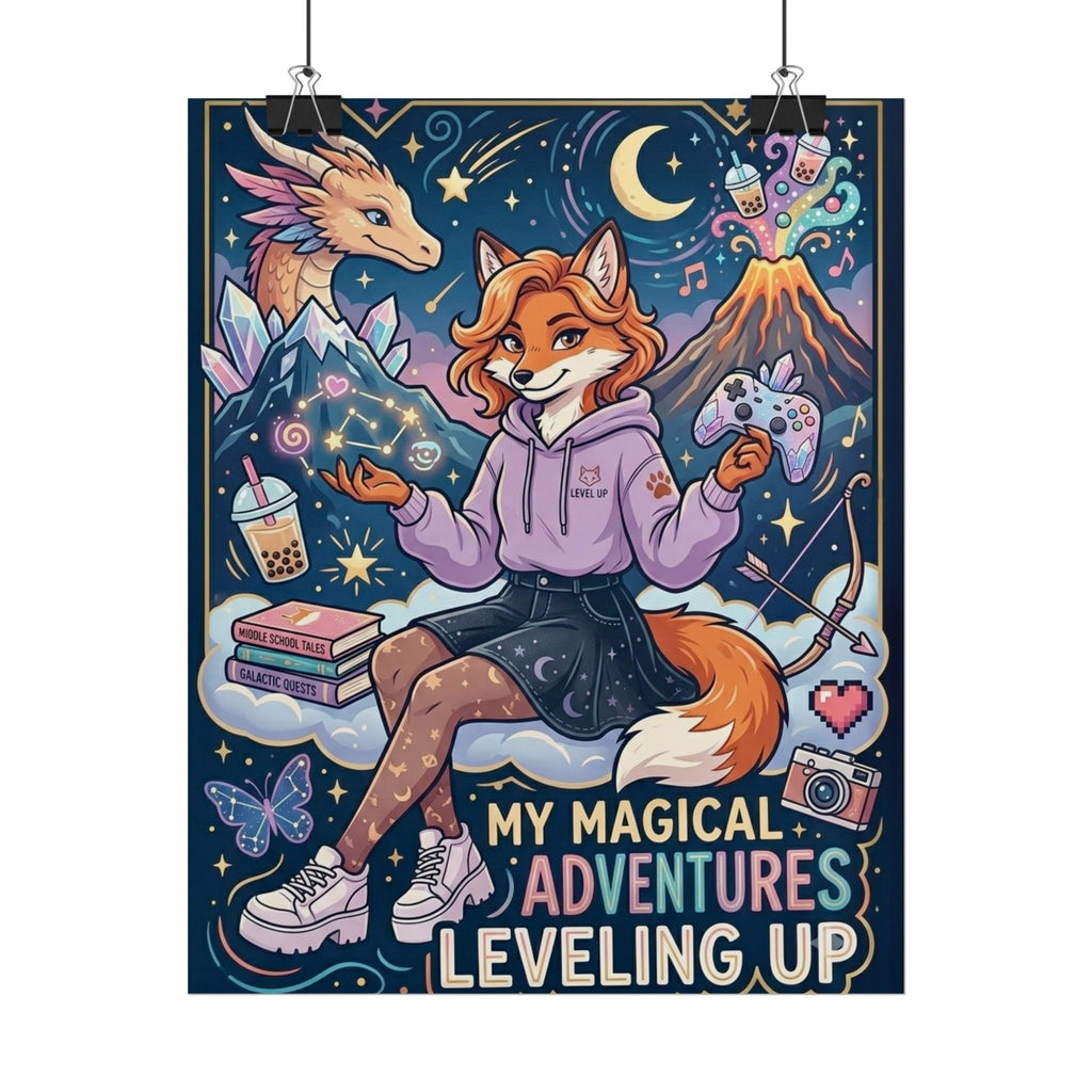 Rolled Poster — "My Magical Adventures: Leveling Up" Cute Fantasy Fox Gaming Art Print