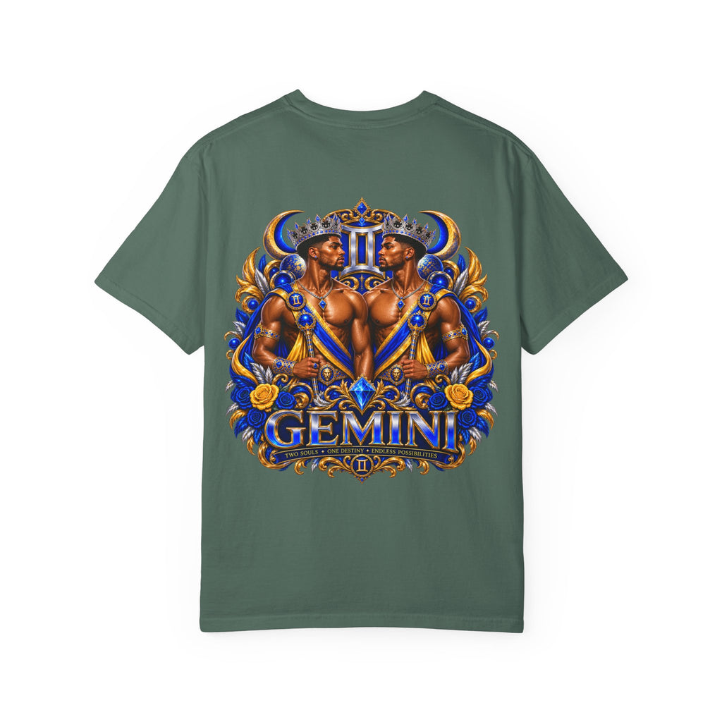 Gemini Zodiac T-Shirt — Bold Blue & Gold Twin Portrait Tee