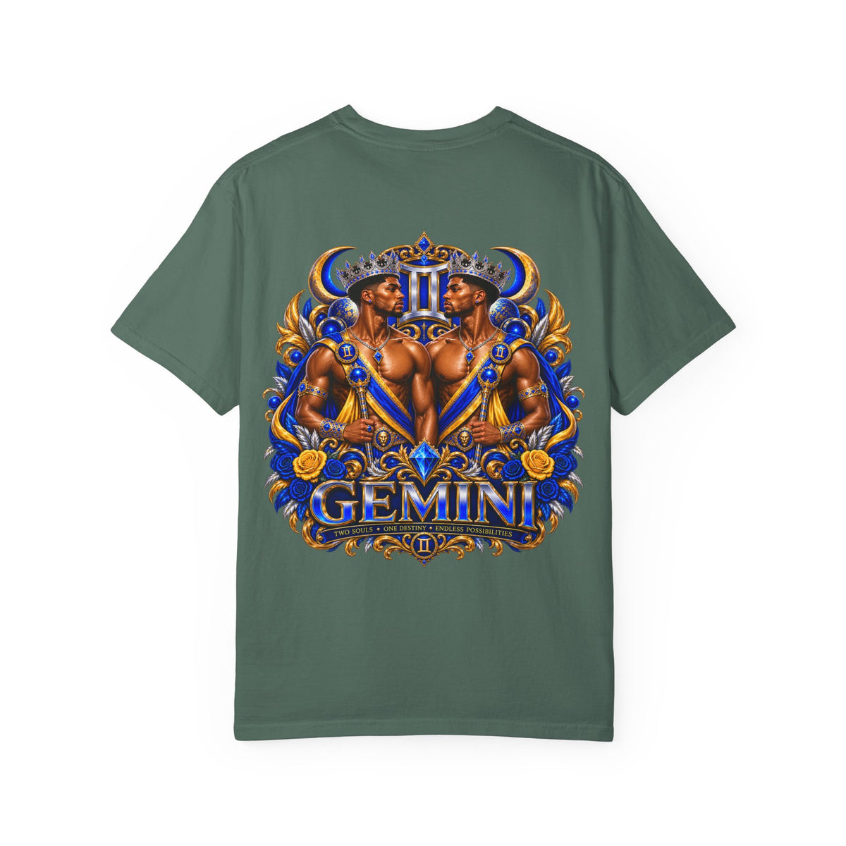 Gemini Zodiac T-Shirt — Bold Blue & Gold Twin Portrait Tee