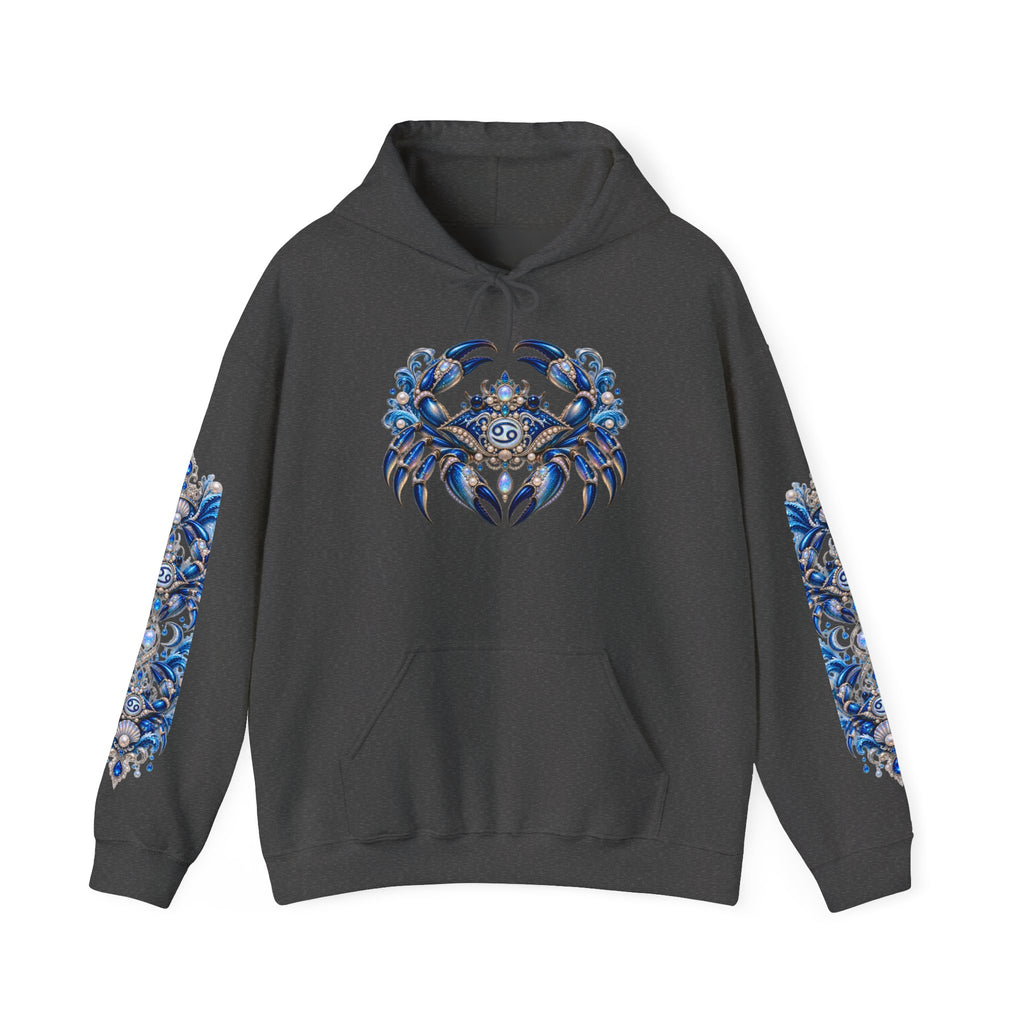 Cancer Zodiac Hoodie — Blue Crab Astrology Sweatshirt with Sleeve Art
