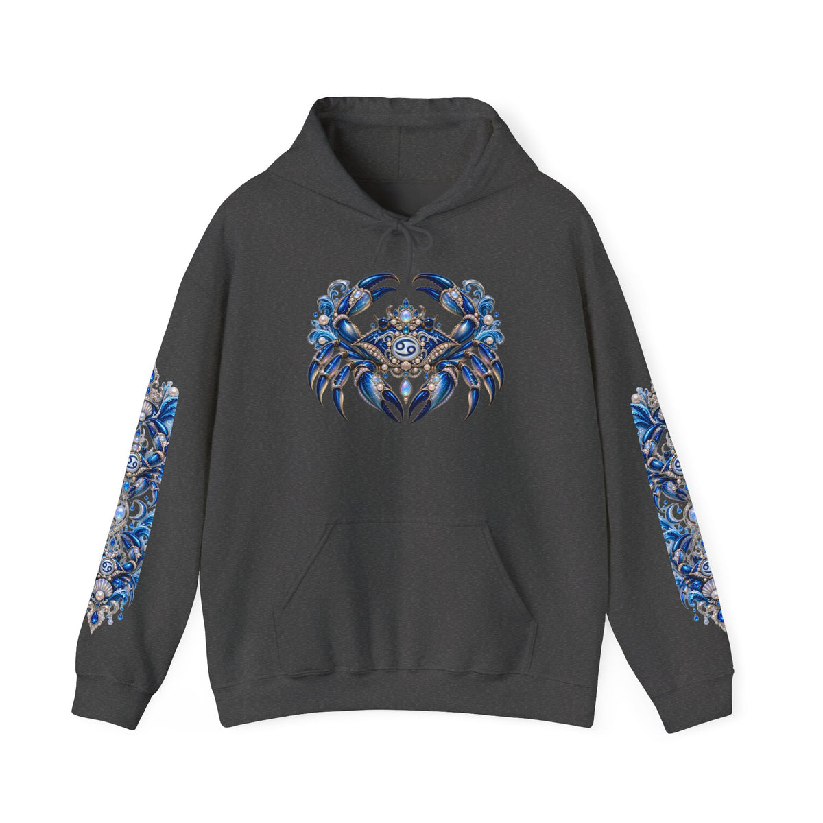 Cancer Zodiac Hoodie — Blue Crab Astrology Sweatshirt with Sleeve Art
