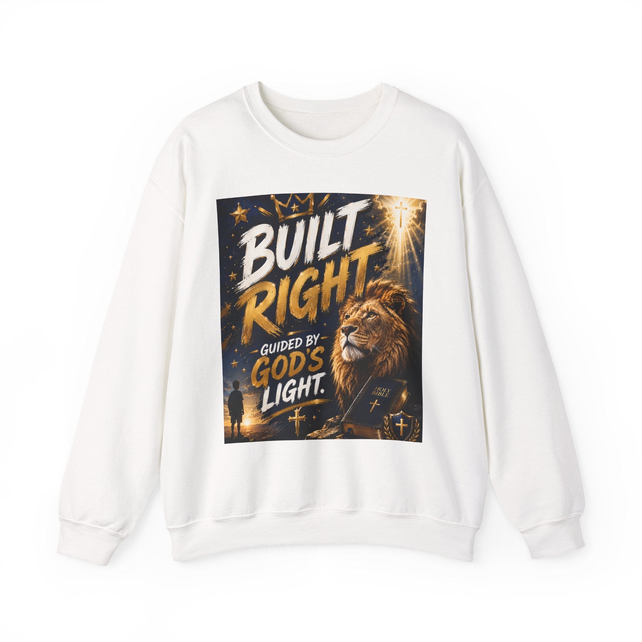 Sweatshirt — "Built Right: Guided by God's Light" Christian Lion Graphic Crewneck