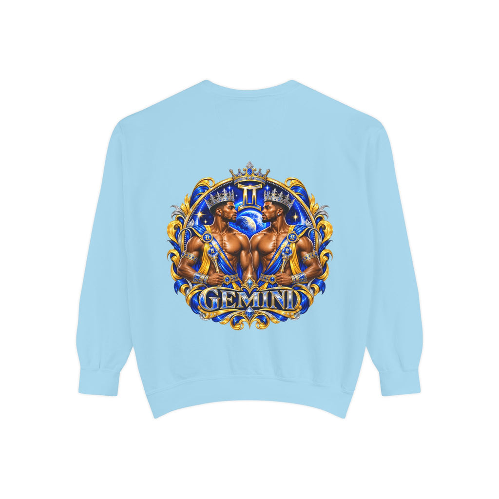 Gemini Zodiac Sweatshirt — Royal Blue & Gold Twin Symbol Crewneck