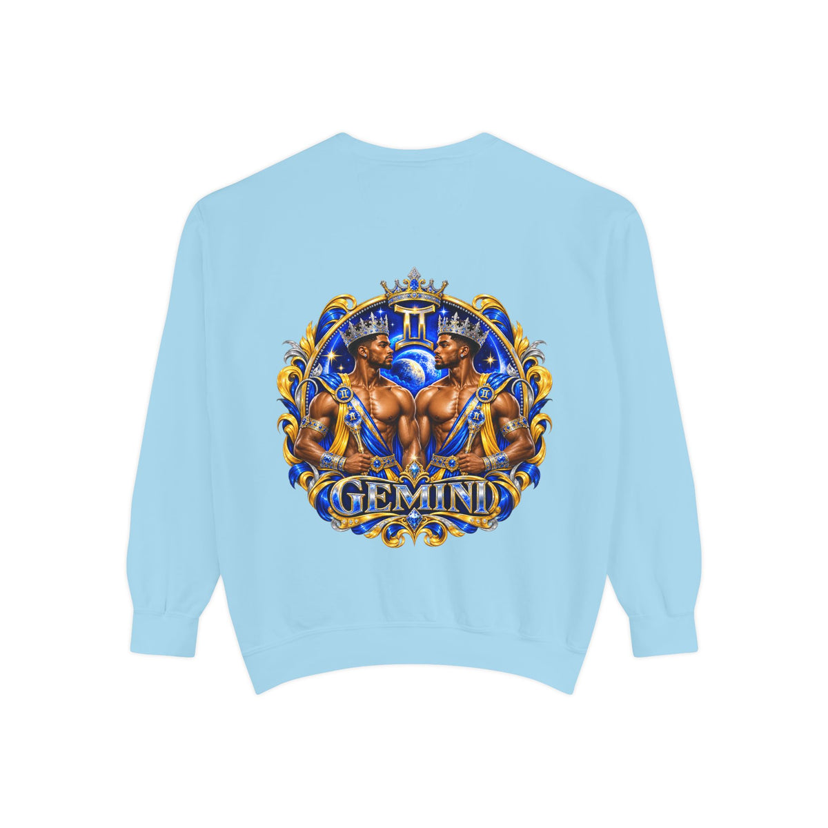 Gemini Zodiac Sweatshirt — Royal Blue & Gold Twin Symbol Crewneck