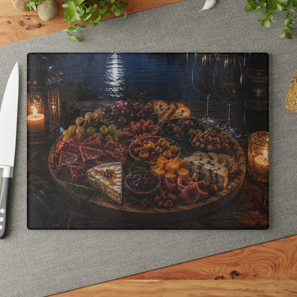 Charcuterie Night Glass Cutting Board — Rustic Candlelit Cheese & Wine Serving Board