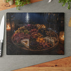 Charcuterie Night Glass Cutting Board — Rustic Candlelit Cheese & Wine Serving Board