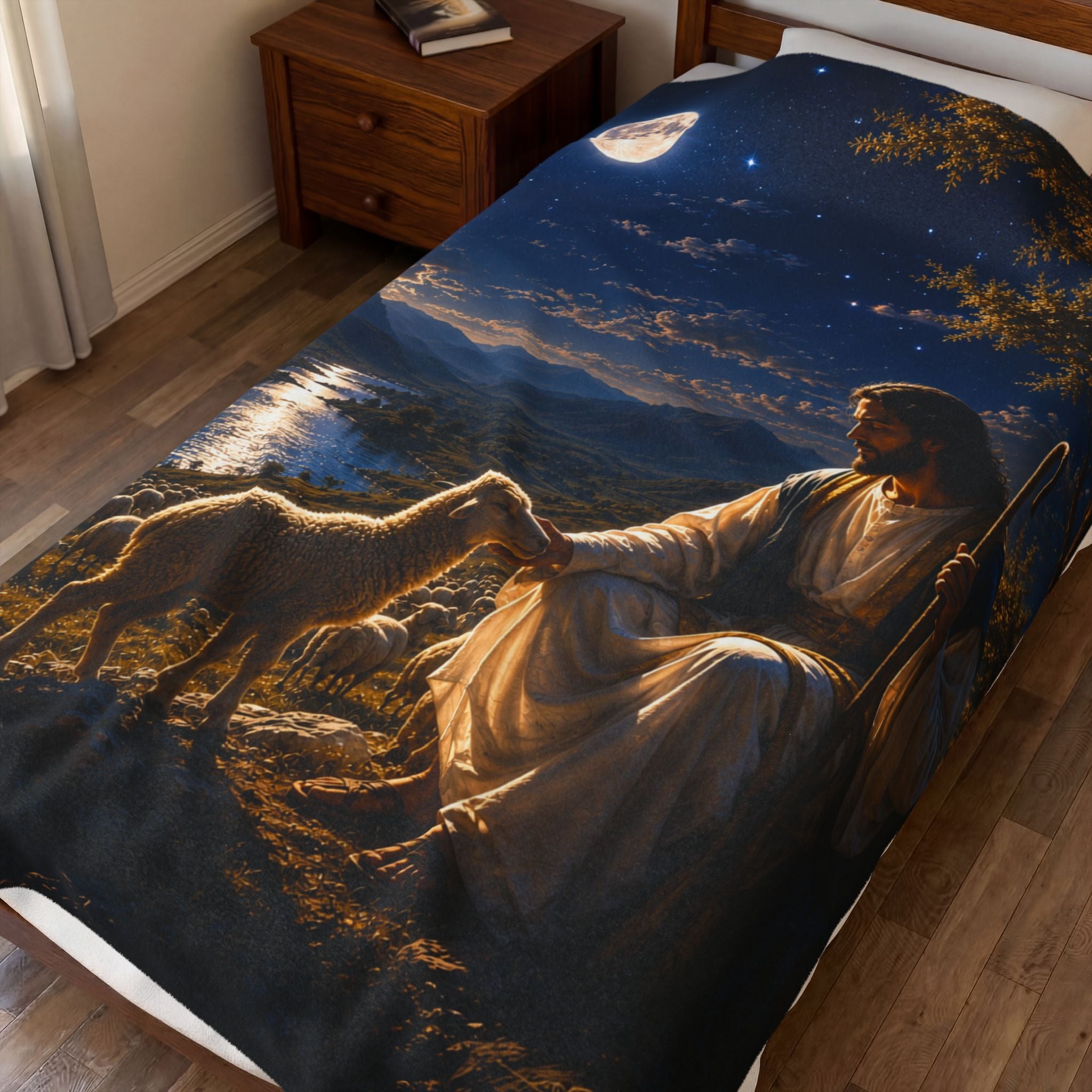 Velveteen Plush Blanket — "The Good Shepherd" Religious Throw (Jesus with Lambs, Moonlit Scene)