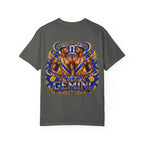 Gemini Zodiac T-Shirt — Bold Blue & Gold Twin Portrait Tee